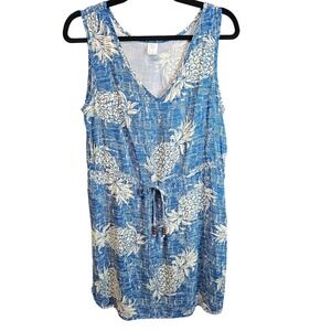 Palmwave Hawaii Blue Pineapple Print Rayon Drawstring Mini Dress S